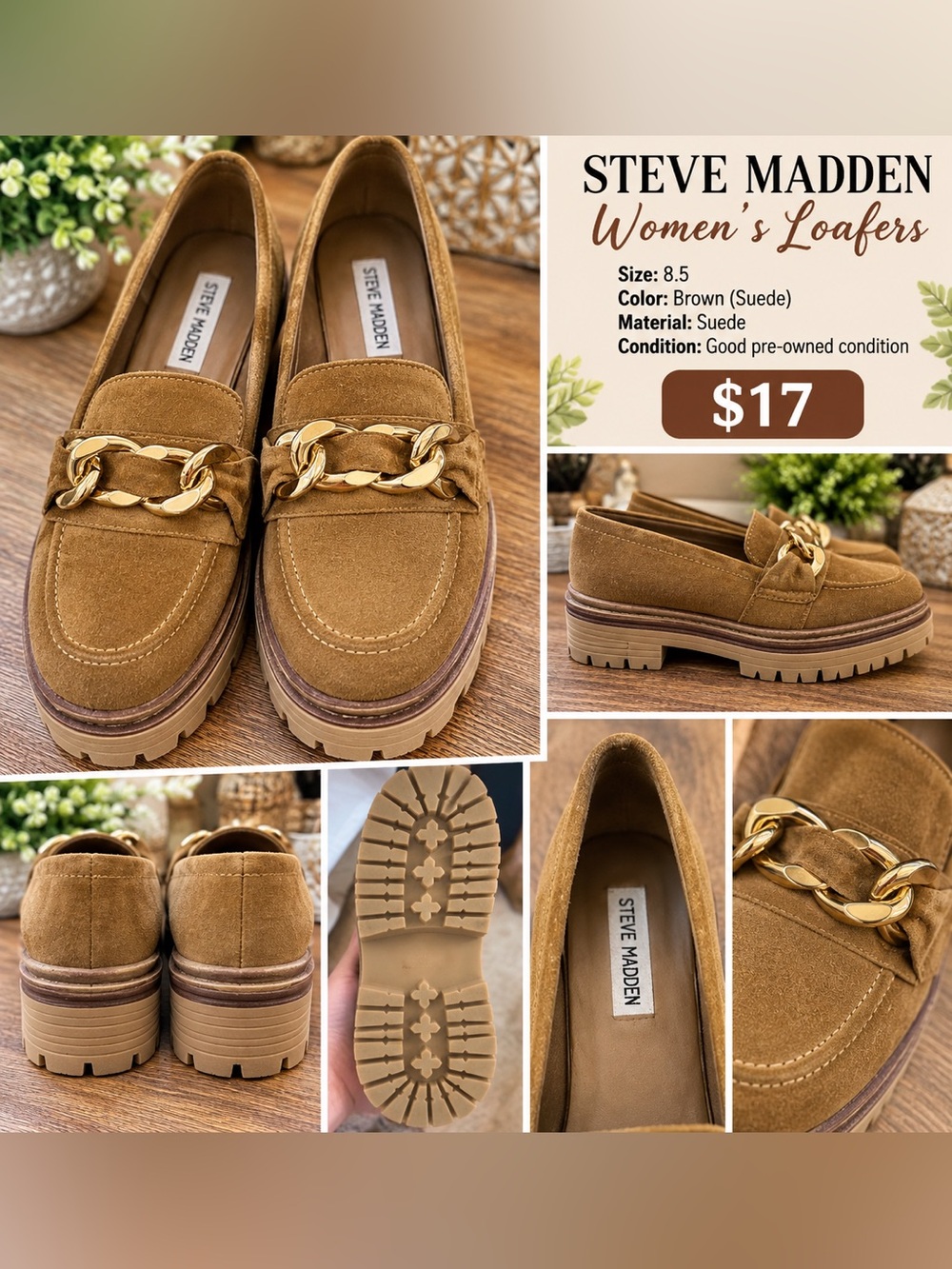 Steve Madden Tan Suede Loafers with Gold Chain Accent 8.5